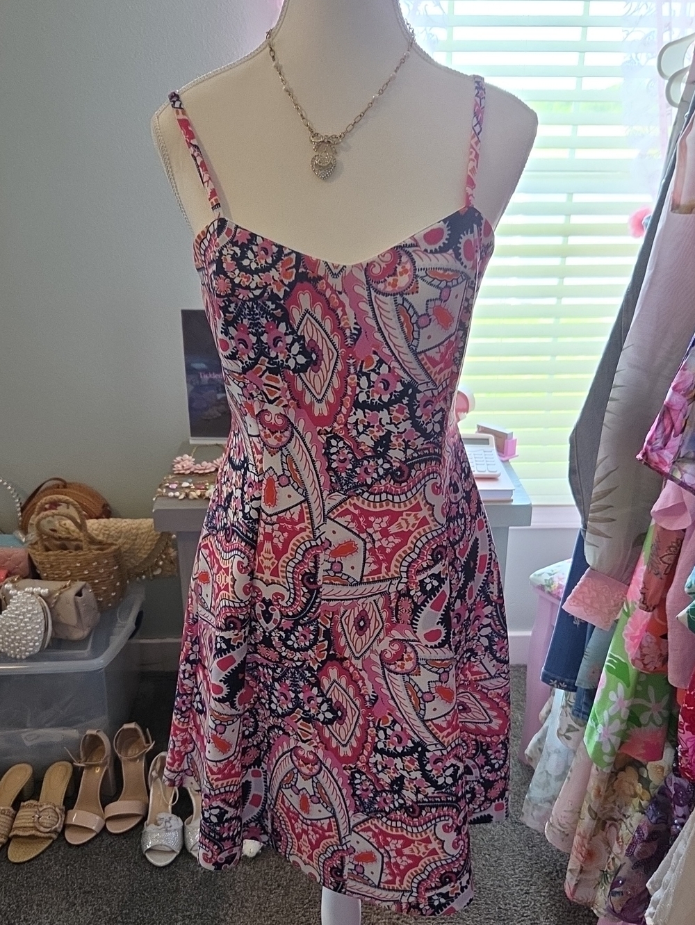Pink Paisley Midi Dress with Spaghetti Straps